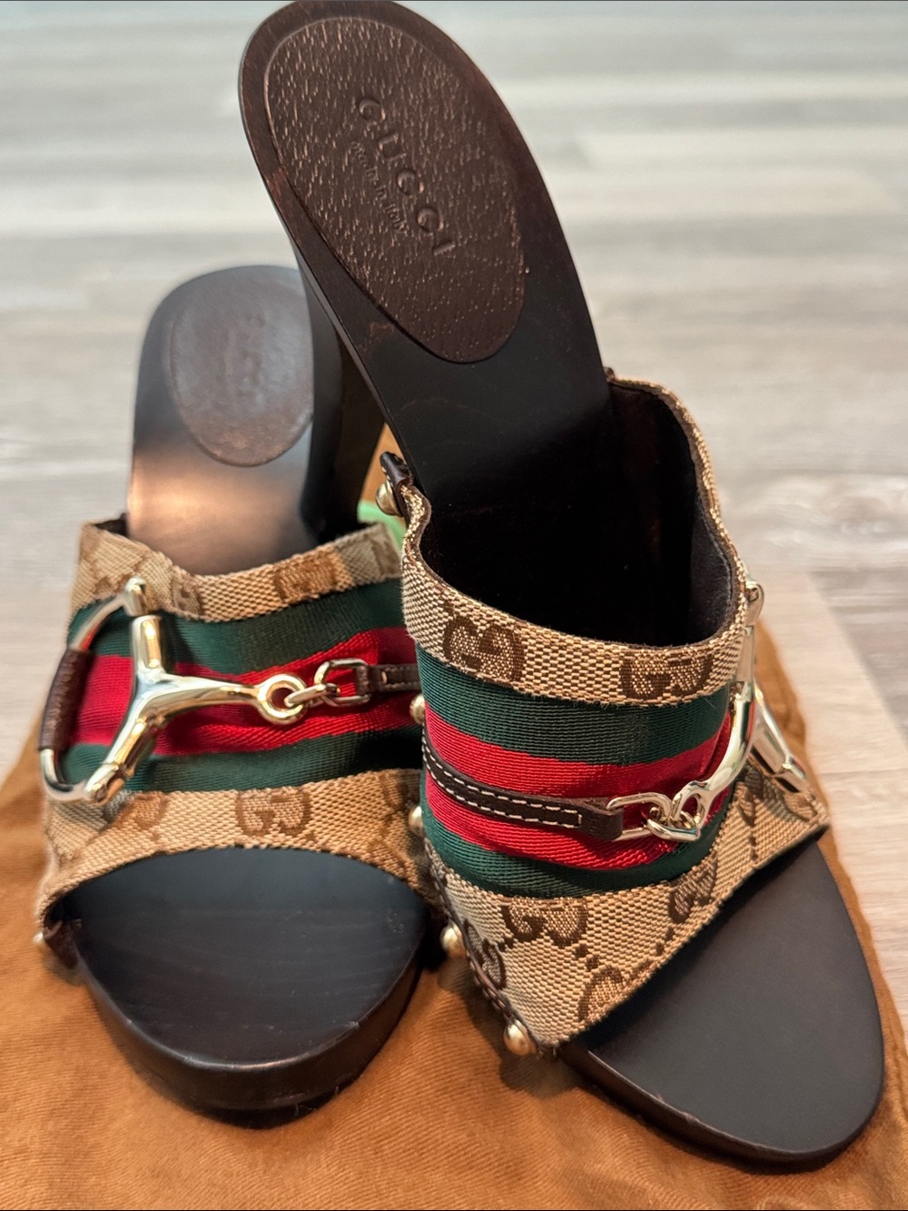 Gucci Brown Monogram Web Stripe Horsebit Mules